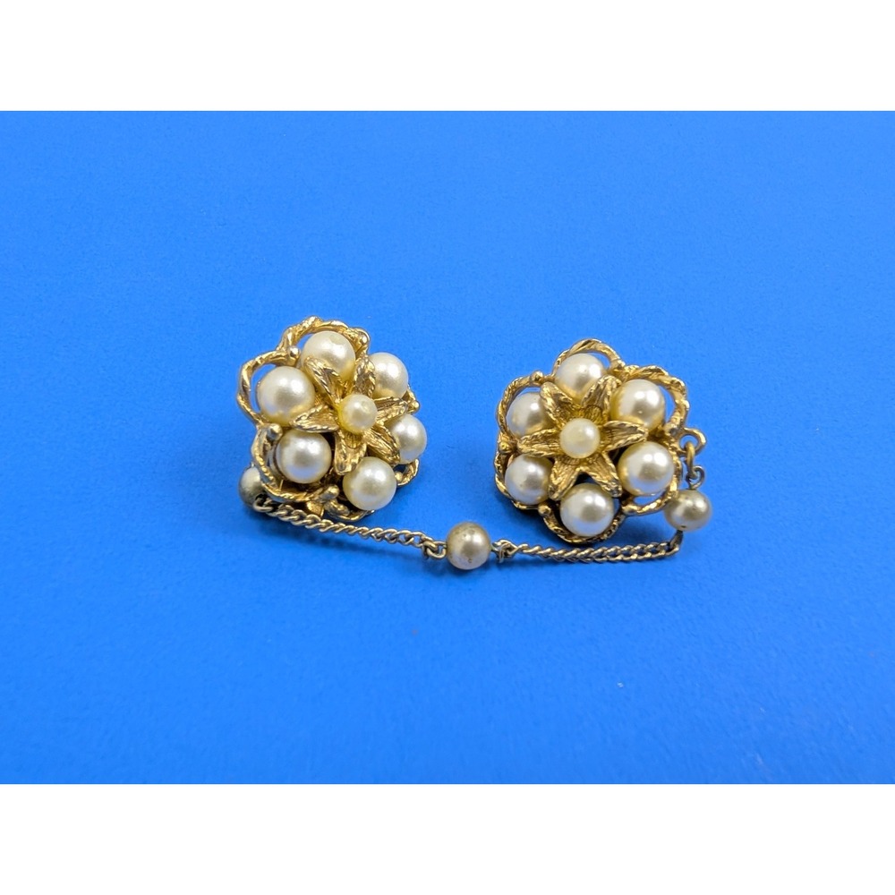 Vintage Gold Tone Faux Pearl Floral Motif Sweater Guard Clips
